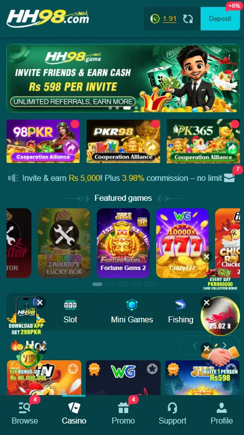 HH 98 Game lobby screen with slots, mini games, fishing and Fortune Gems 2