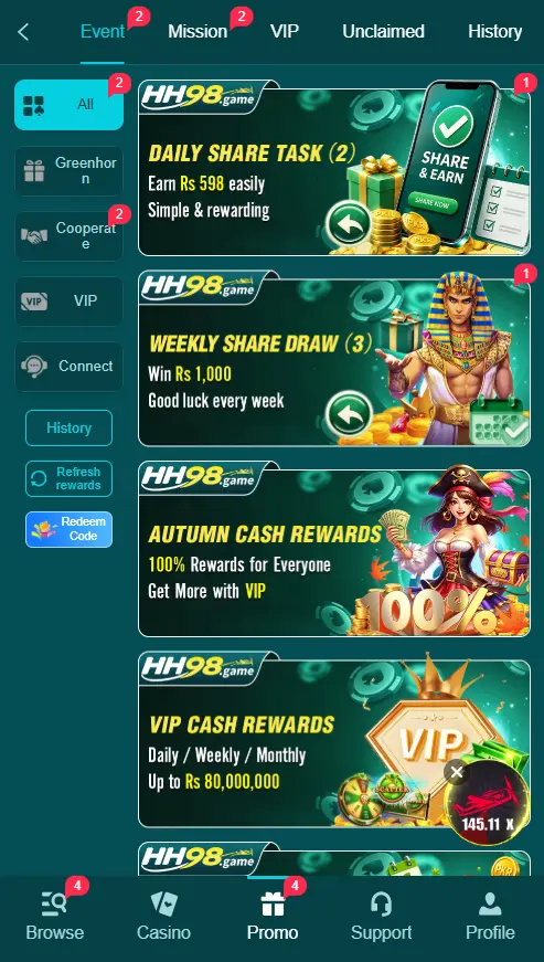 HH98 Game promotions screen showing daily share task, weekly draw and VIP cash rewards